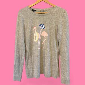 Women Talbots‎ Lightweight Gray Flamingo Tie Back Long Sleeve Sweater-Size Small